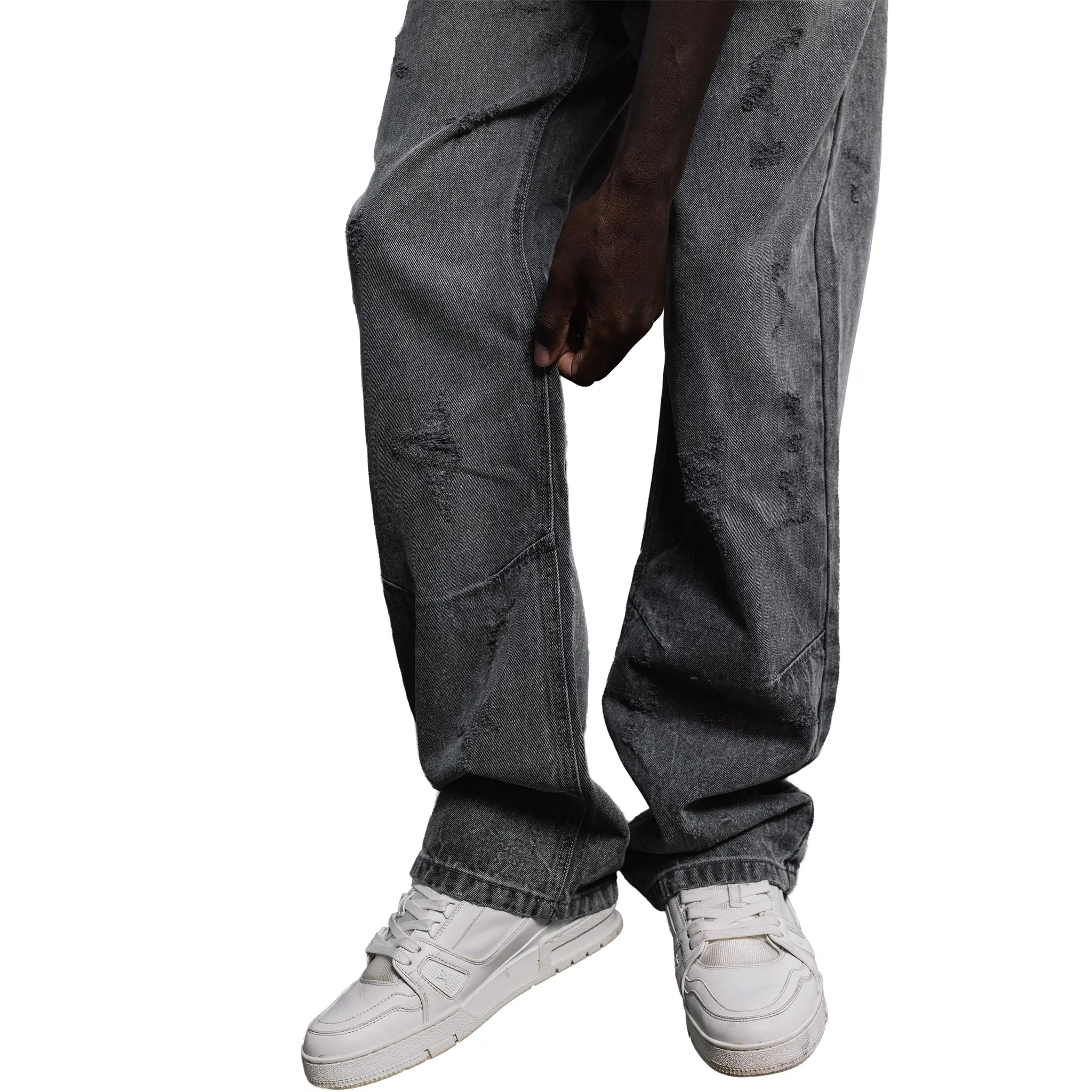 Front Side View of Bénir Clothing Distressed Stone Grey Jeans DIST-VINTGRY